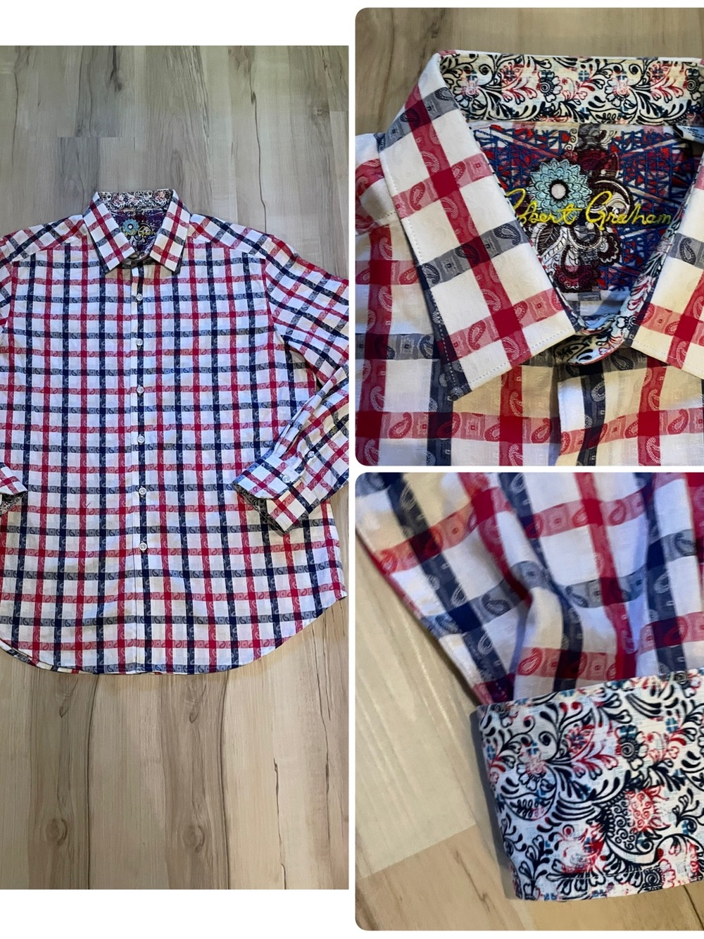 Robert Graham Classic Fit Red Navy White Plaid Button Up Size Large Paisley Cuff